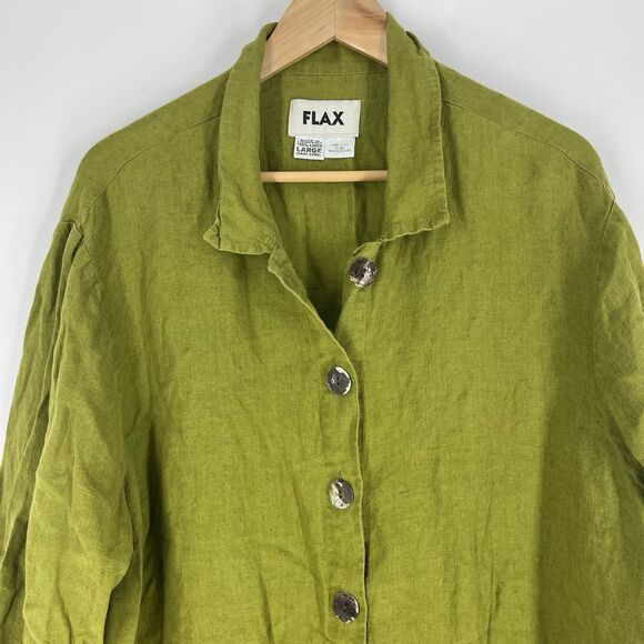 Flax Tunic Shirt Jacket Size Large Avocado Green Linen Button Front Relaxed Top - Picture 2 of 7